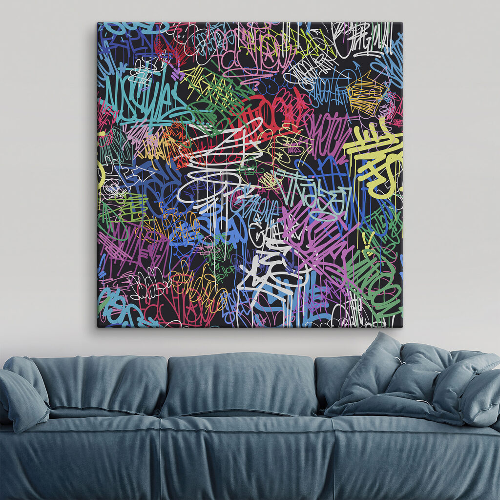 A colorful graffiti on a black background