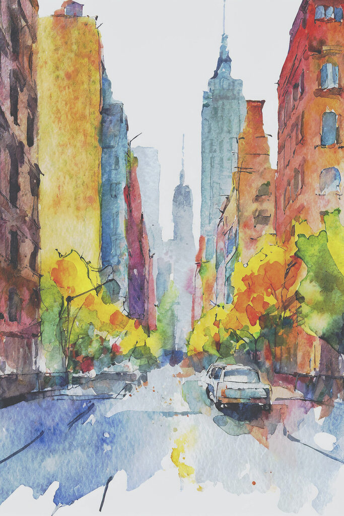 A watercolor painting of a street with buildings and cars