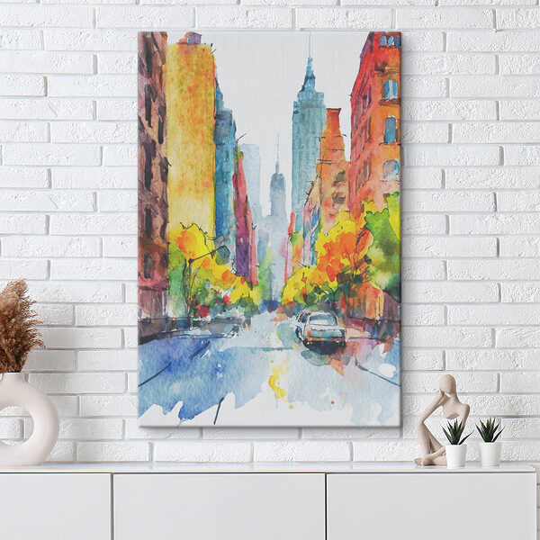 A watercolor painting of a street with buildings and cars
