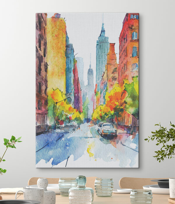 A watercolor painting of a street with buildings and cars