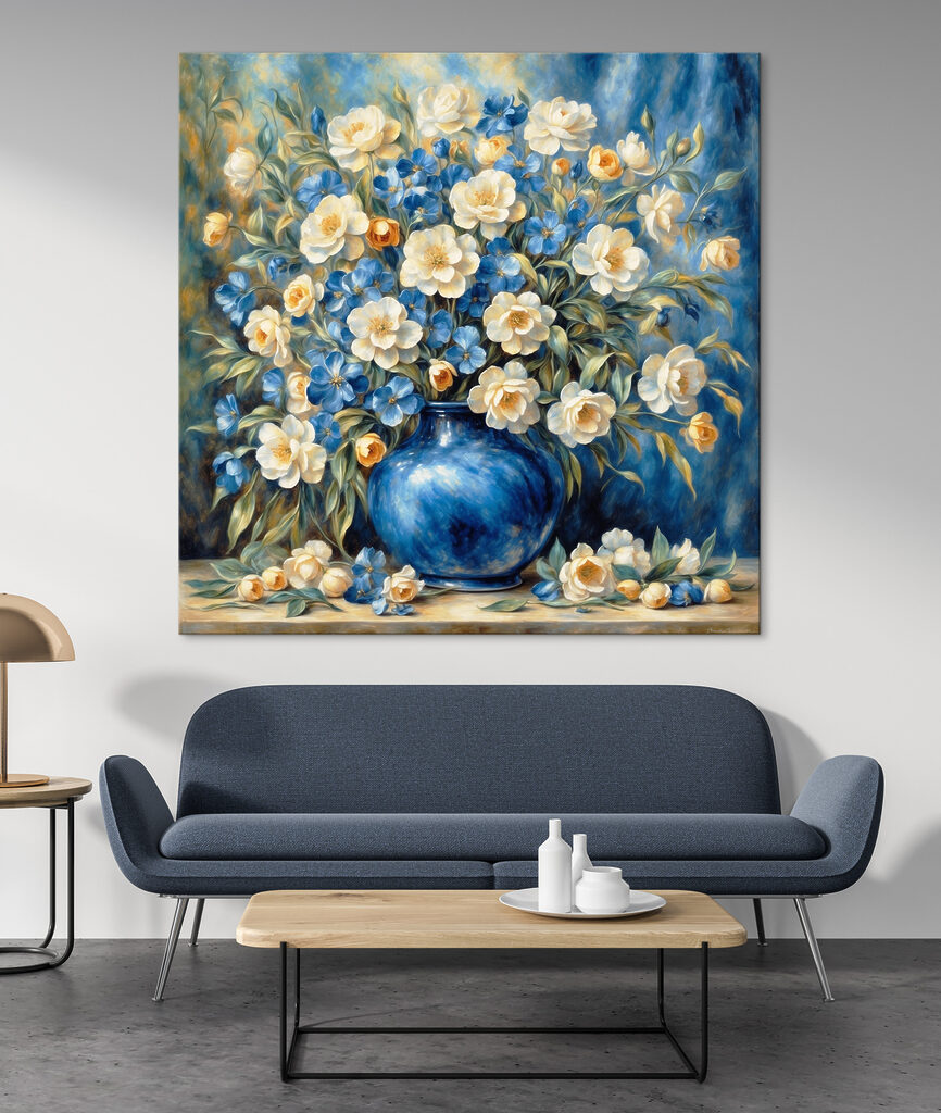 A painting of flowers in a blue vase A painting of flowers in a blue vase
