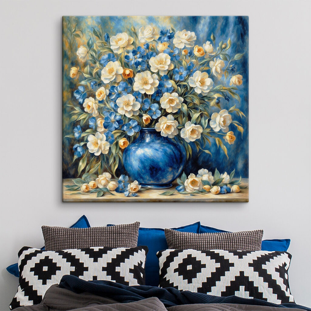 A painting of flowers in a blue vase A painting of flowers in a blue vase
