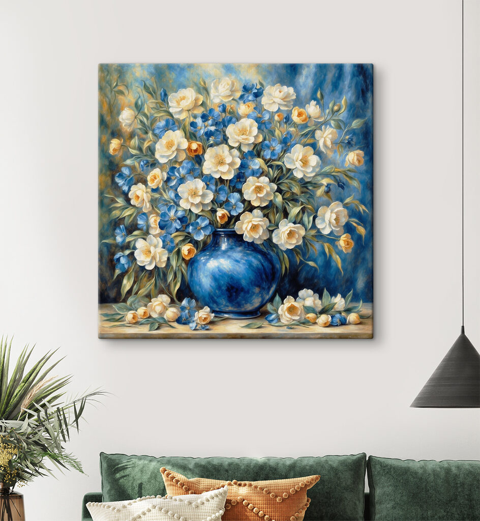A painting of flowers in a blue vase A painting of flowers in a blue vase