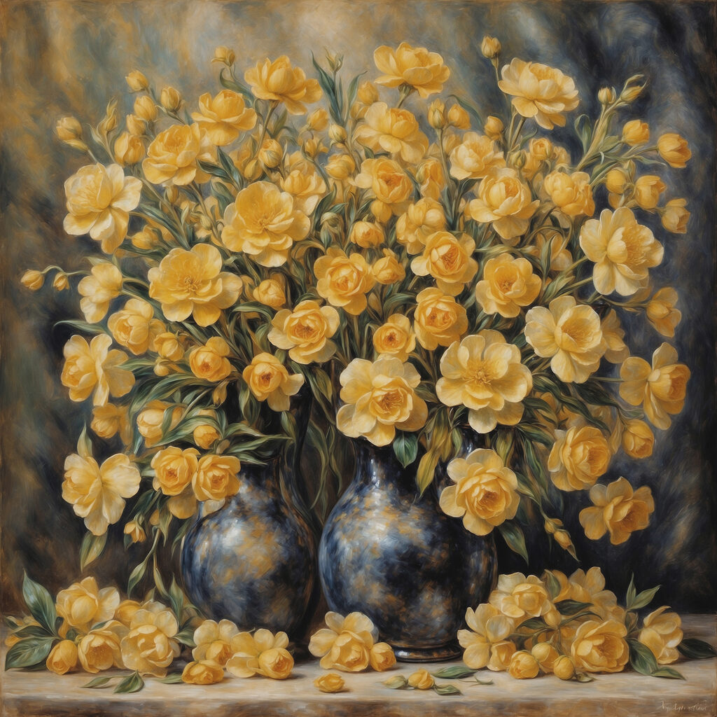 A painting of yellow flowers in a vase