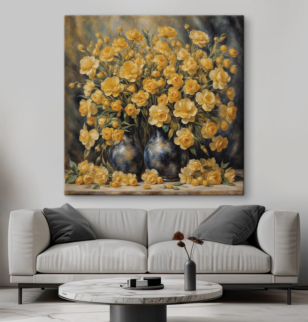 A painting of yellow flowers in a vase