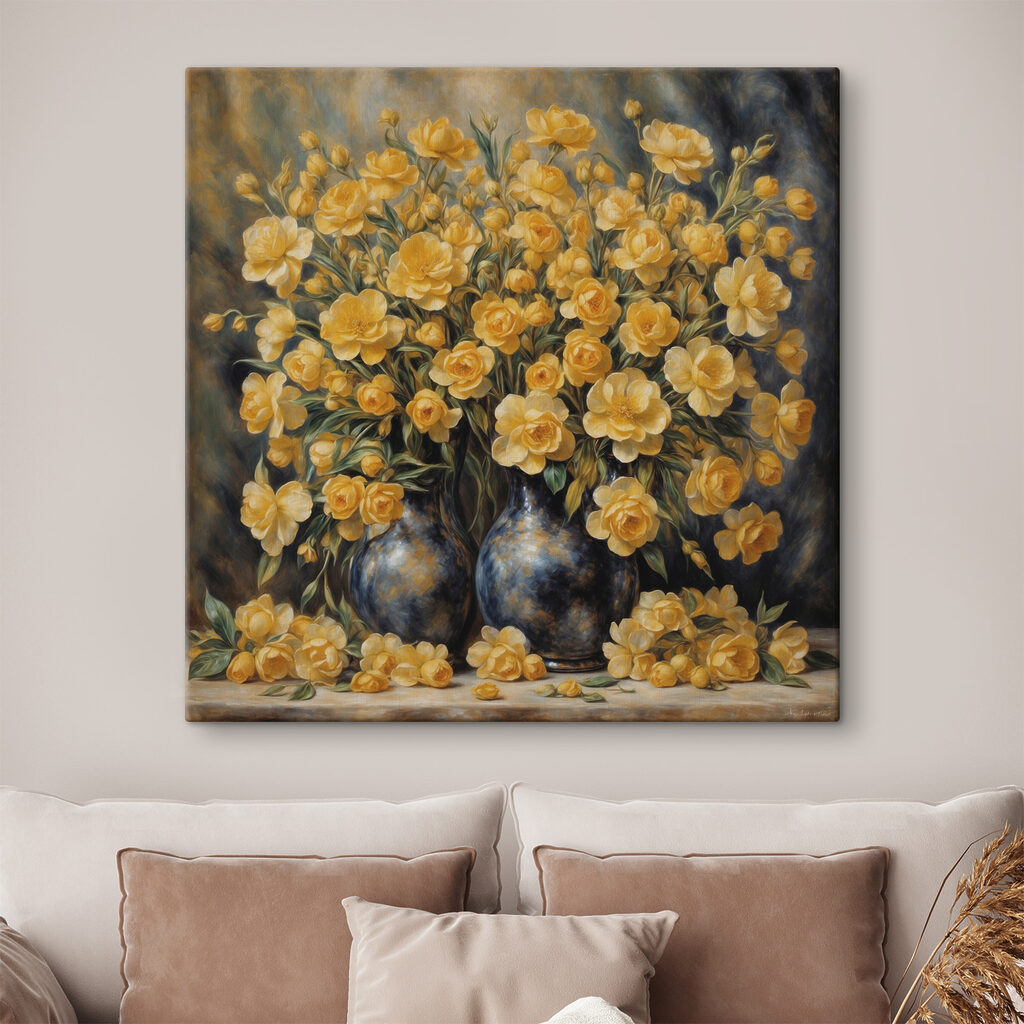 A painting of yellow flowers in a vase