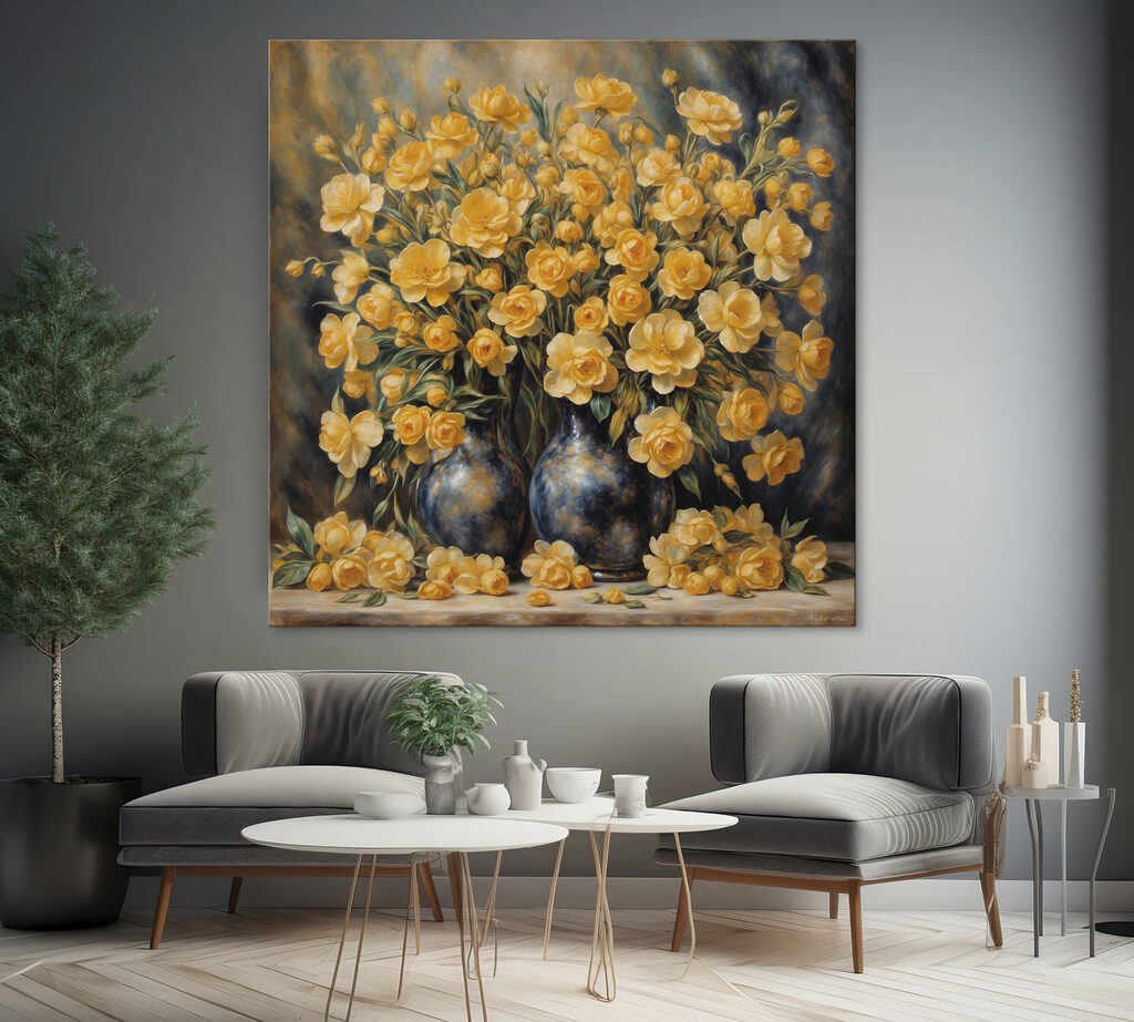 A painting of yellow flowers in a vase