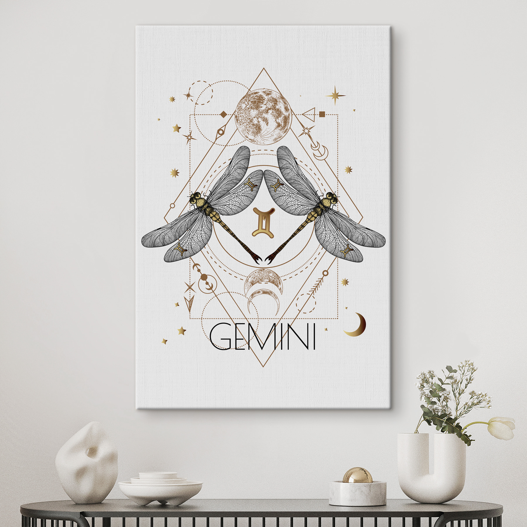 A dragonfly with a moon and stars