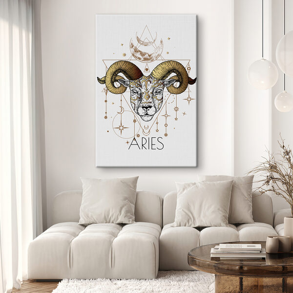 A drawing of a ram with a moon and stars