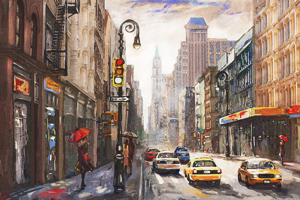 A watercolor of a city street with cars and people A watercolor of a city street with cars and people