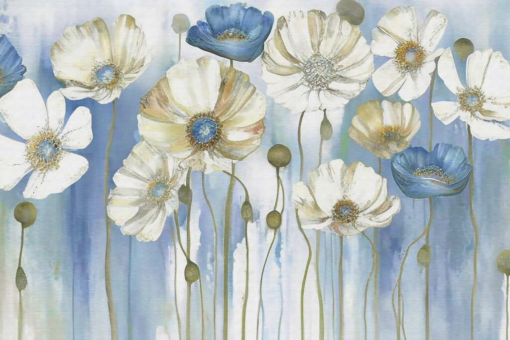 A painting of white and blue flowers A painting of white and blue flowers