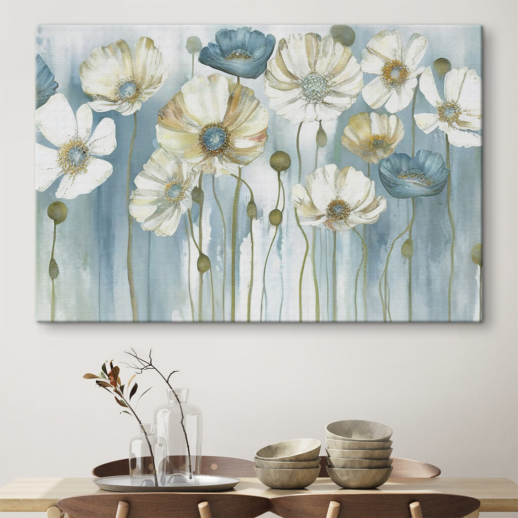 A painting of white and blue flowers A painting of white and blue flowers
