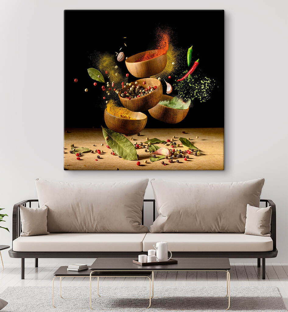 A group of bowls with spices and herbs