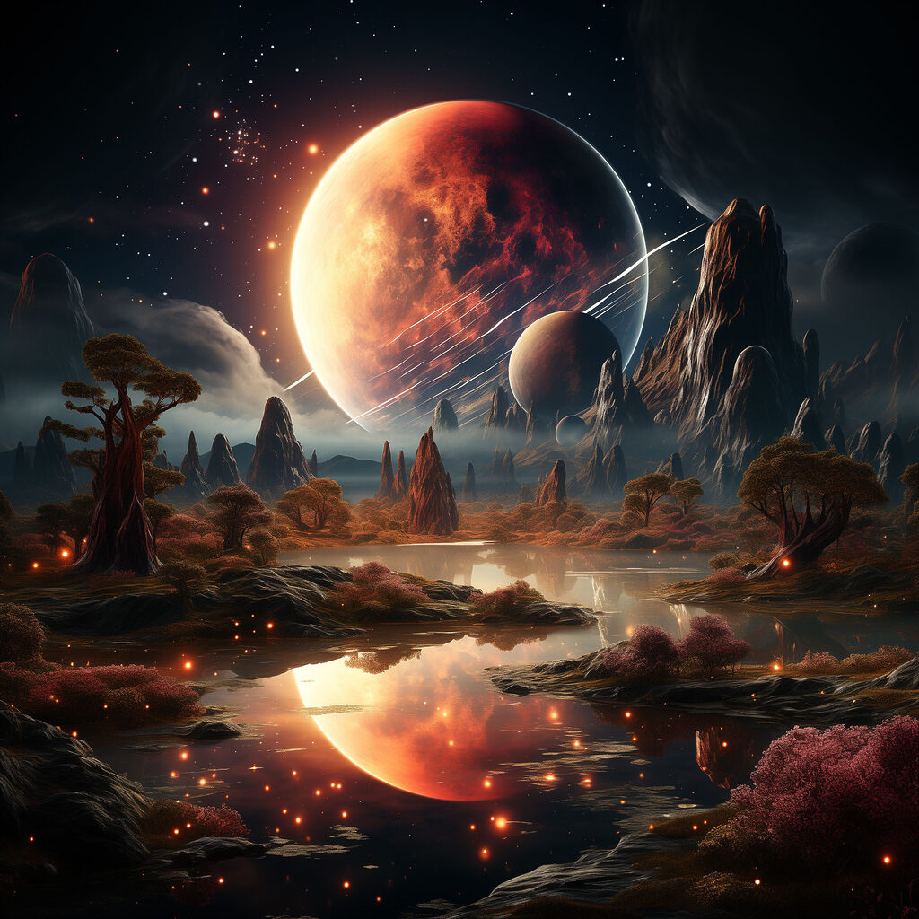 A landscape with a river and a moon