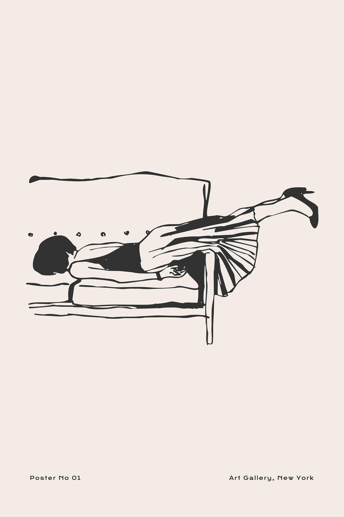 A drawing of a woman lying on a bench