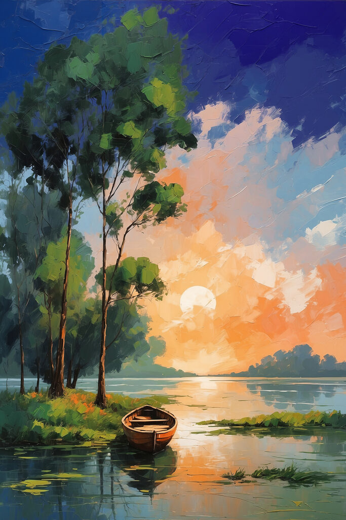 A painting of a boat on a lake A painting of a boat on a lake