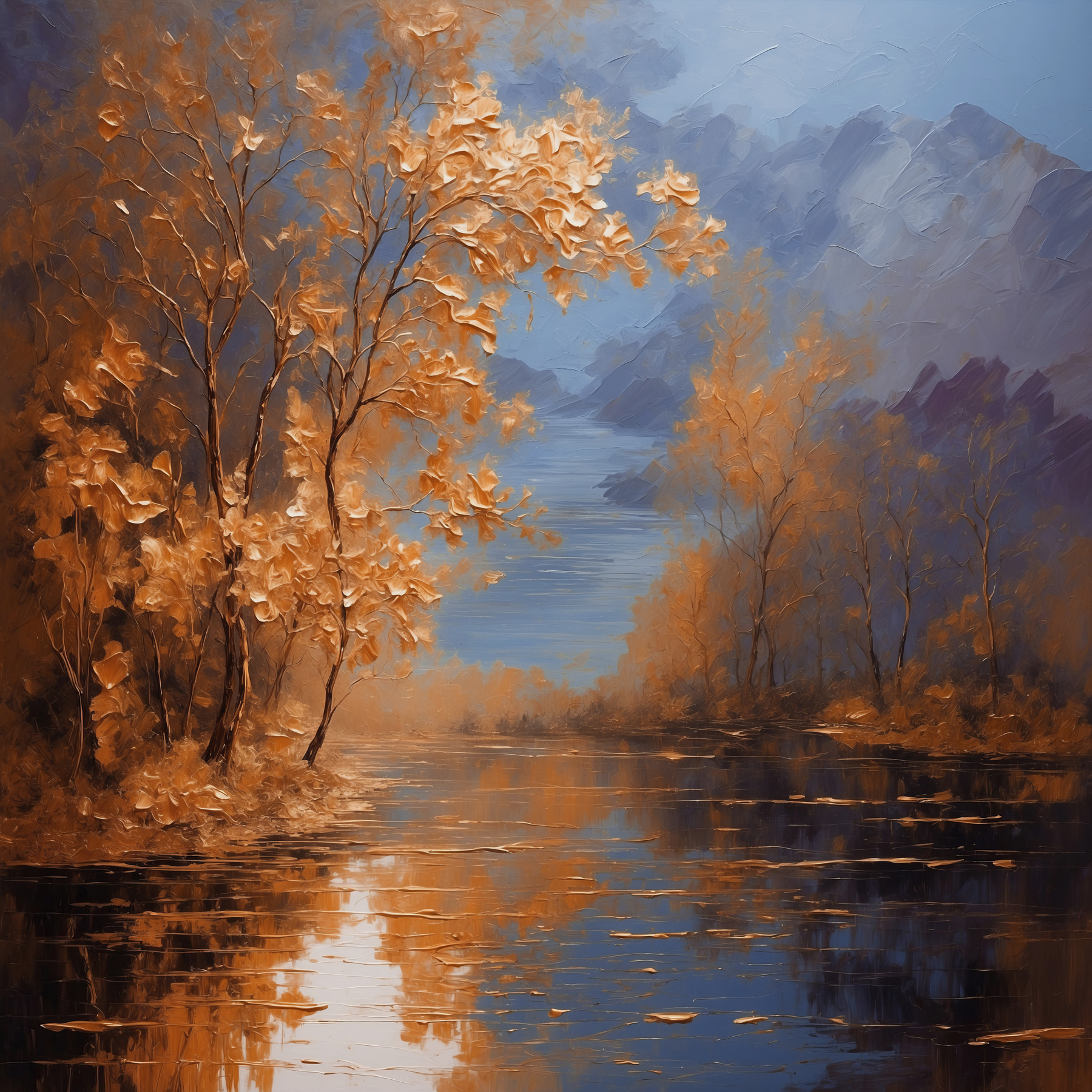 A painting of trees and water