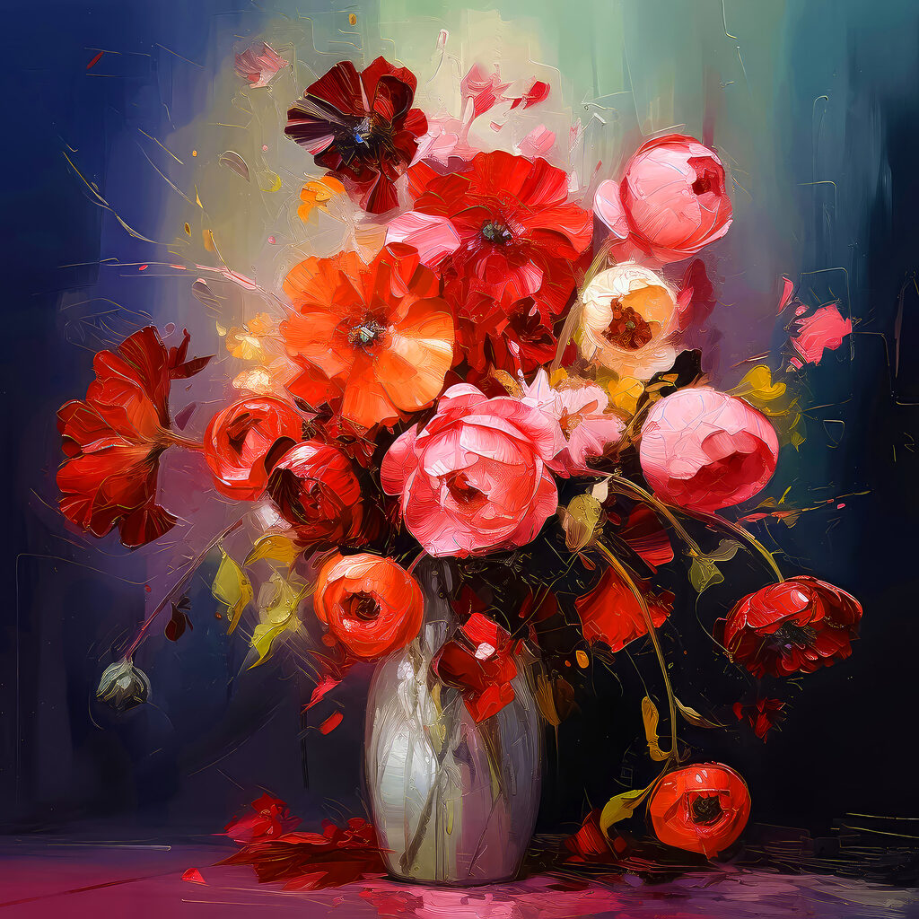 A painting of flowers in a vase