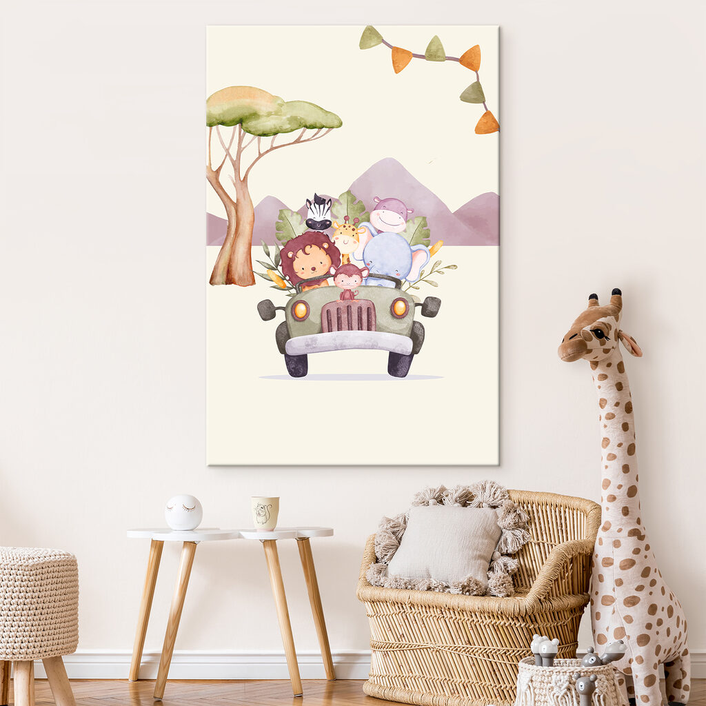 A cartoon of animals in a car