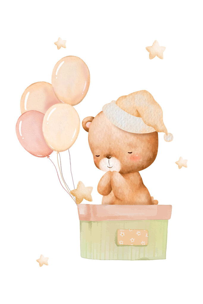 A teddy bear in a box with balloons