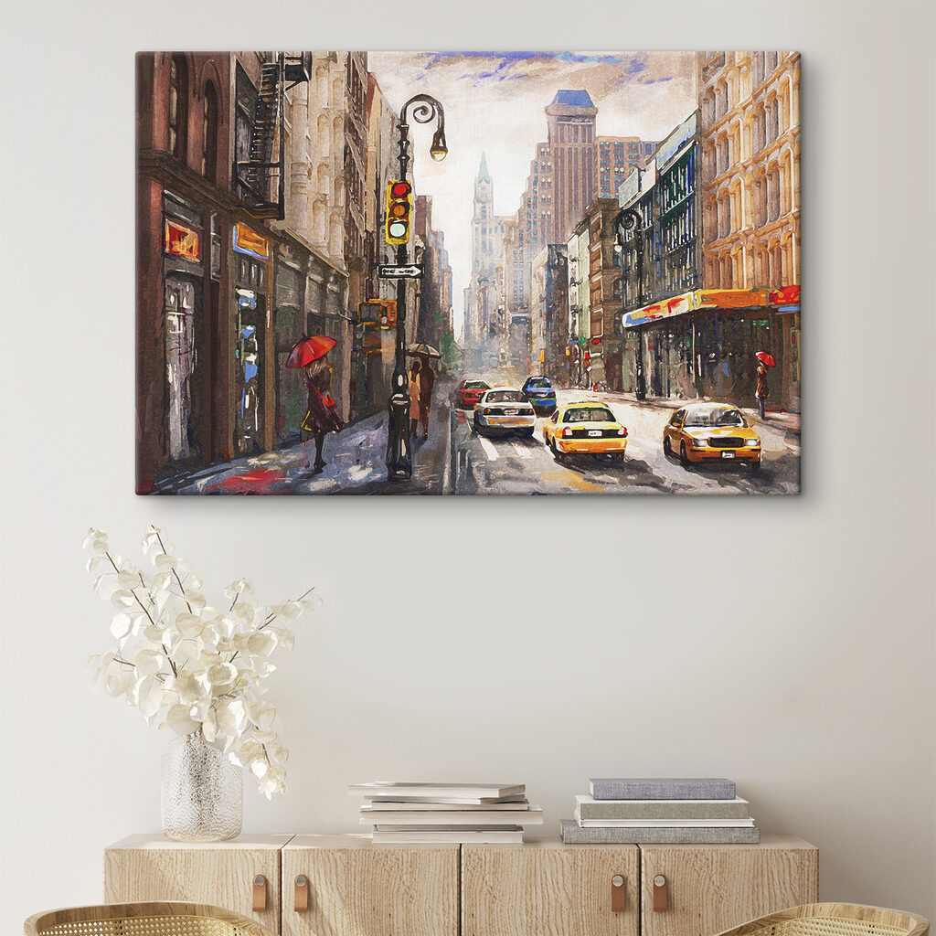 A watercolor of a city street with cars and people A watercolor of a city street with cars and people