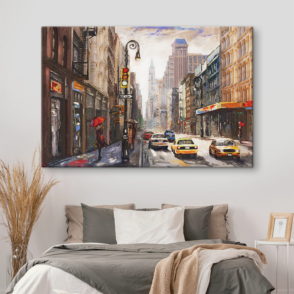 A watercolor of a city street with cars and people A watercolor of a city street with cars and people