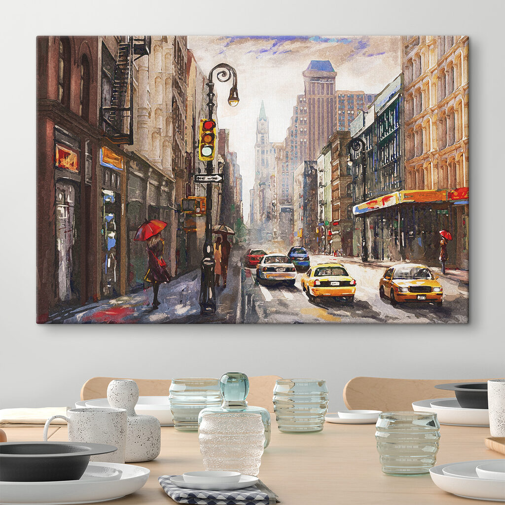 A watercolor of a city street with cars and people A watercolor of a city street with cars and people