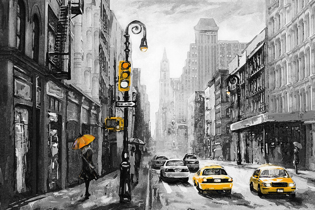 A woman walking down a street with yellow cars and a woman holding an umbrella