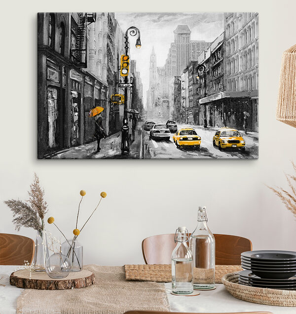 A woman walking down a street with yellow cars and a woman holding an umbrella