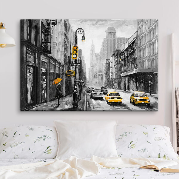 A woman walking down a street with yellow cars and a woman holding an umbrella
