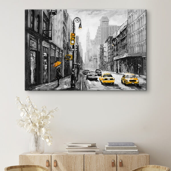 A woman walking down a street with yellow cars and a woman holding an umbrella