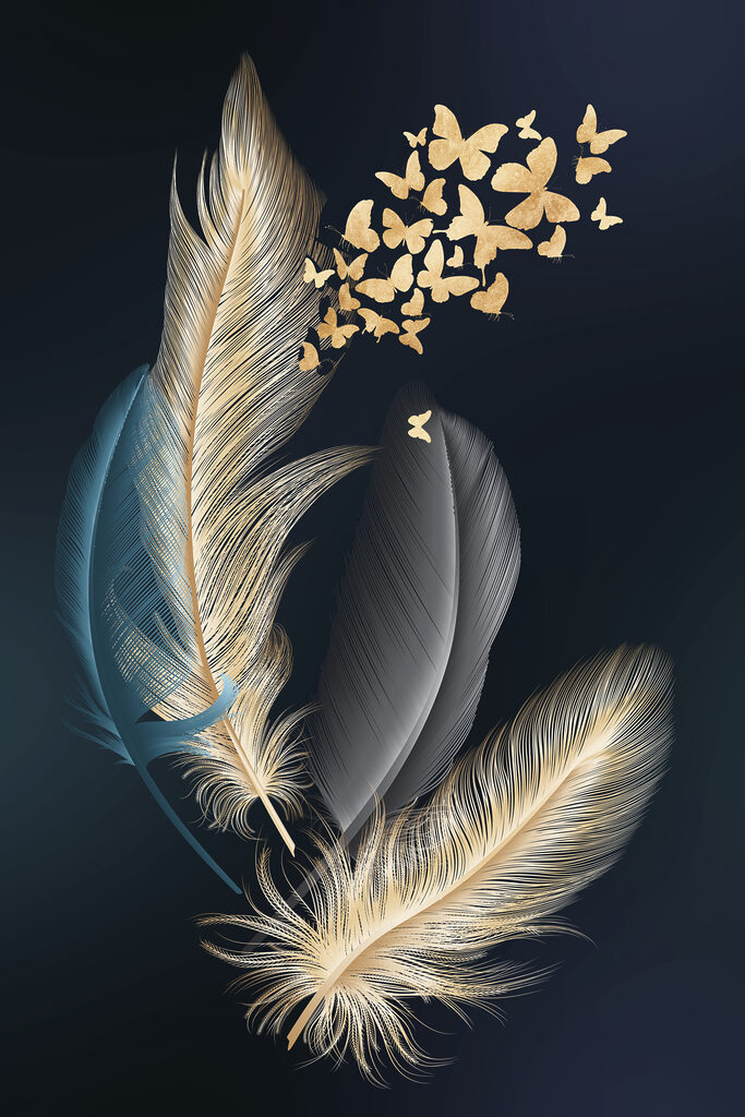 A group of feathers with butterflies