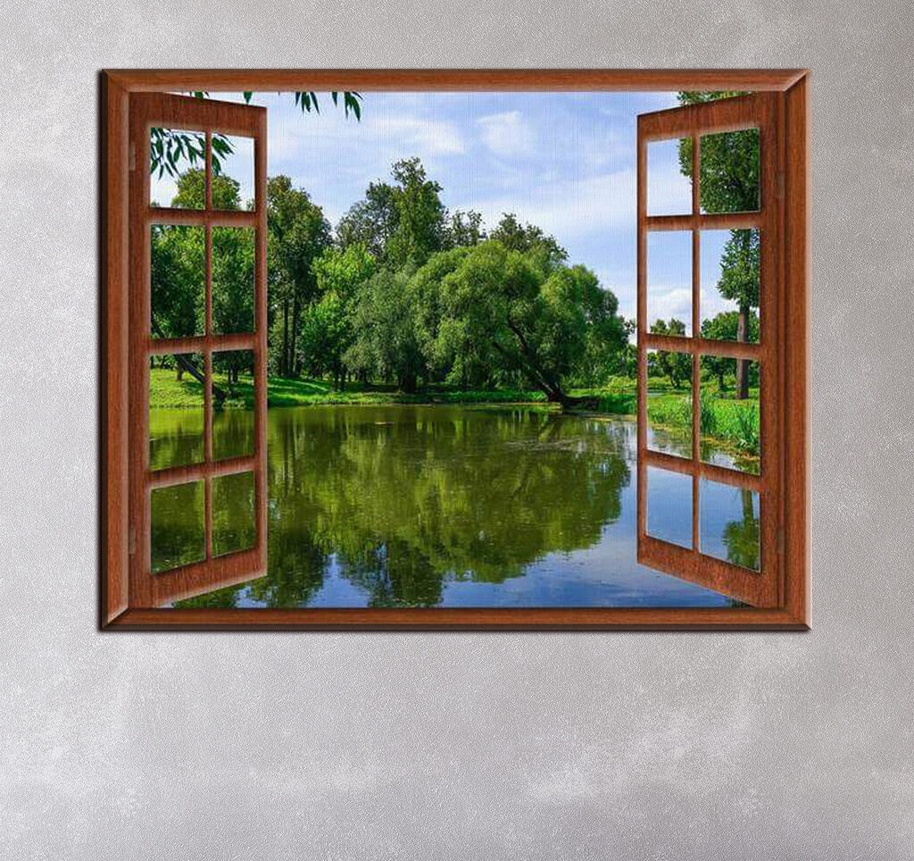 A window with a lake and trees A window with a lake and trees