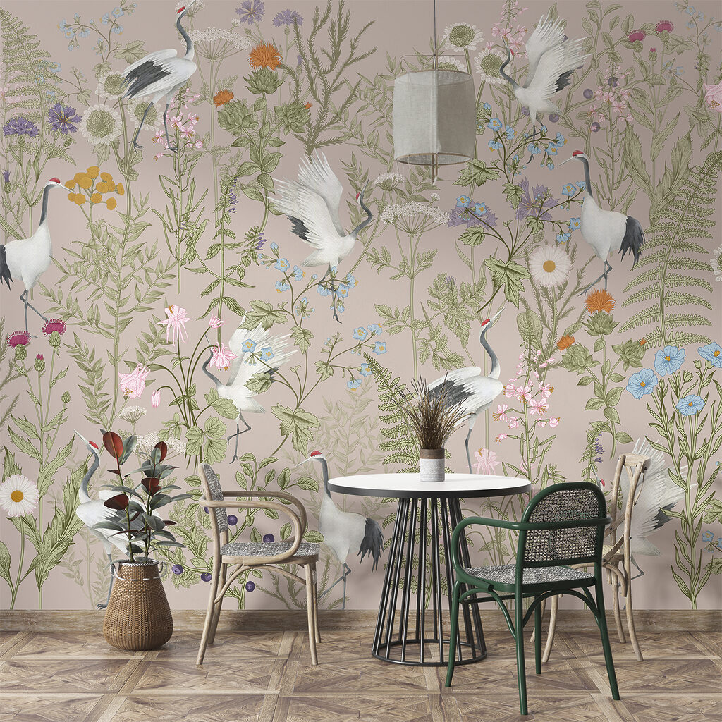 A wallpaper with birds and plants