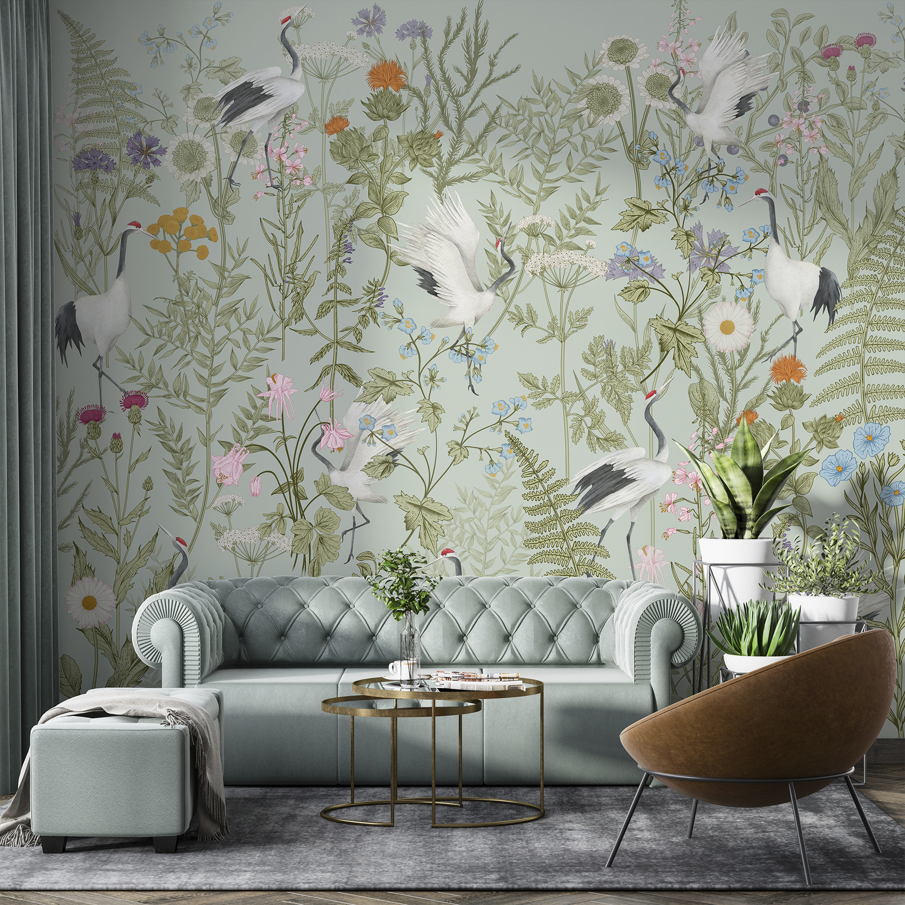 A wallpaper with birds and plants