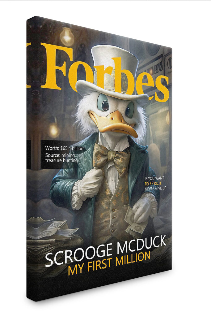 A duck wearing a suit and a bow tie holding money A duck wearing a suit and a bow tie holding money