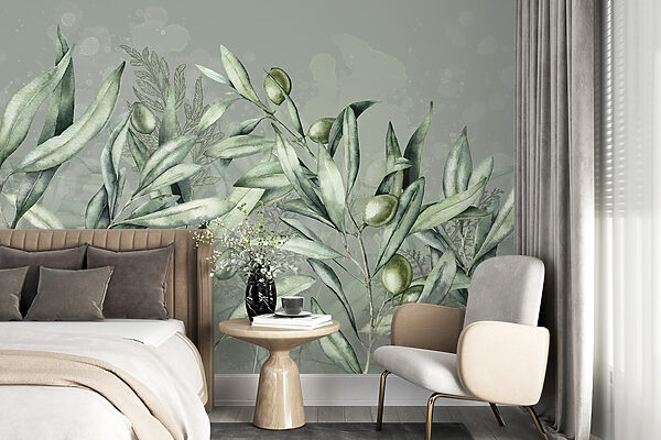 A painting of green leaves and olives