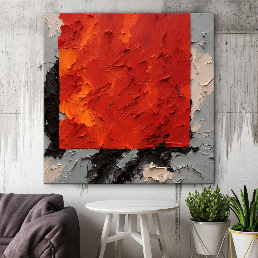 A painting of a red square with black and white paint