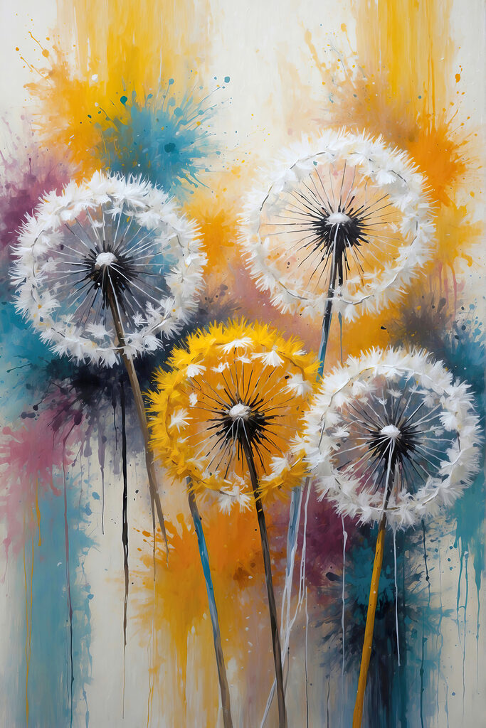 A group of dandelions with white seeds A group of dandelions with white seeds