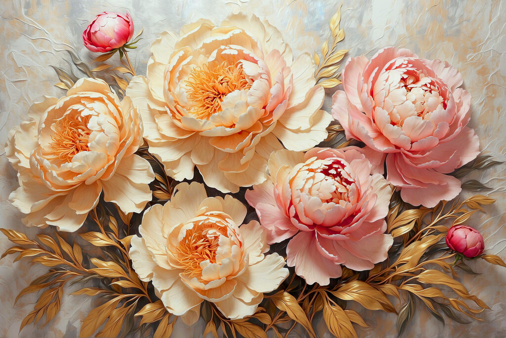 Peonies blooming amid lush foliage