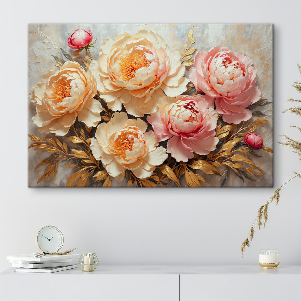 Peonies blooming amid lush foliage