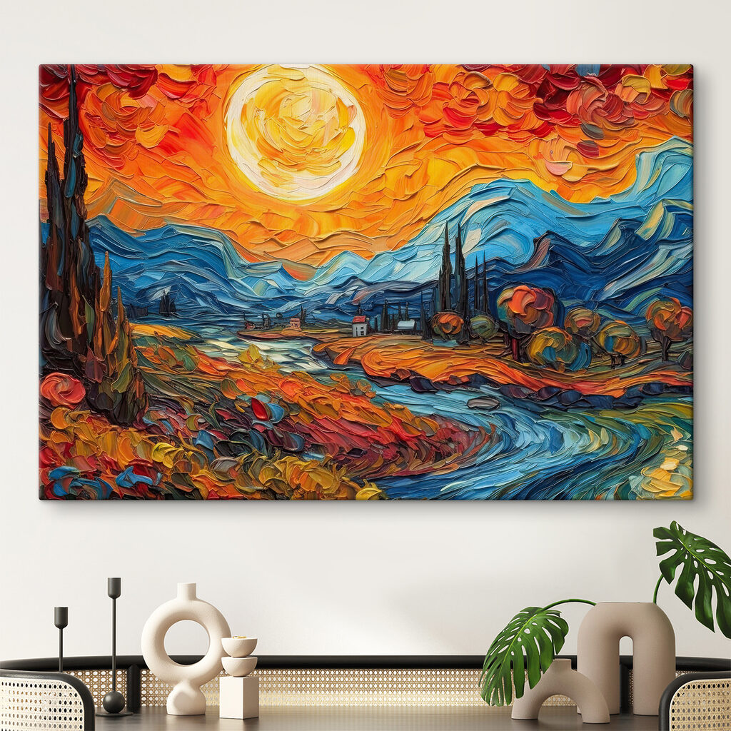 A painting of a landscape with a river and mountains