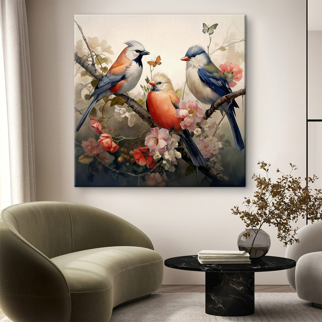 A group of birds on a branch with flowers