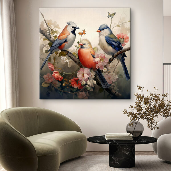 A group of birds on a branch with flowers