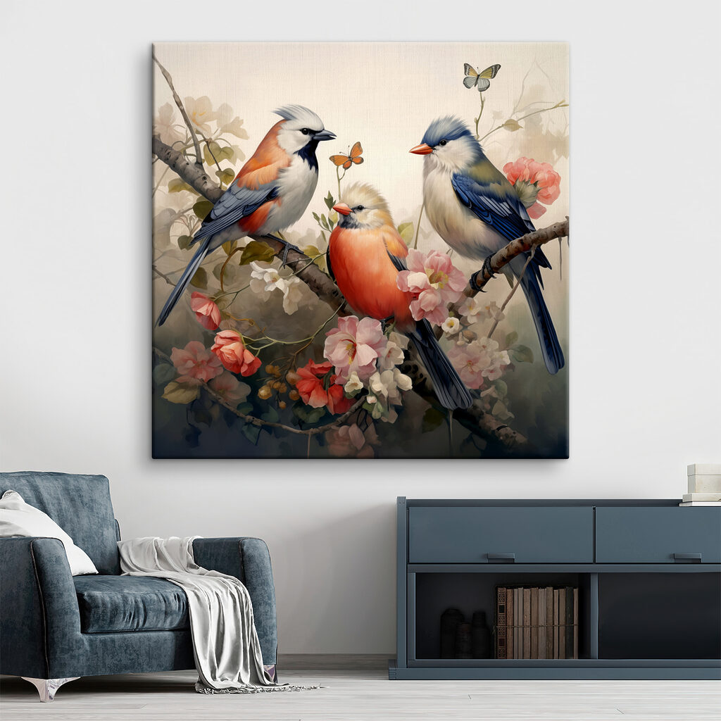 A group of birds on a branch with flowers
