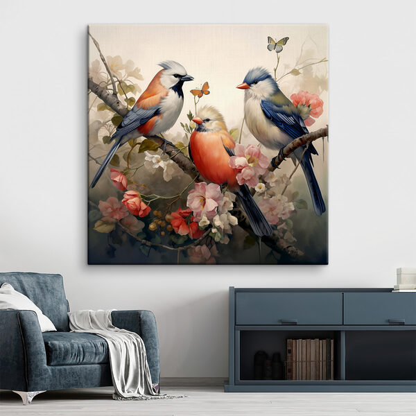 A group of birds on a branch with flowers