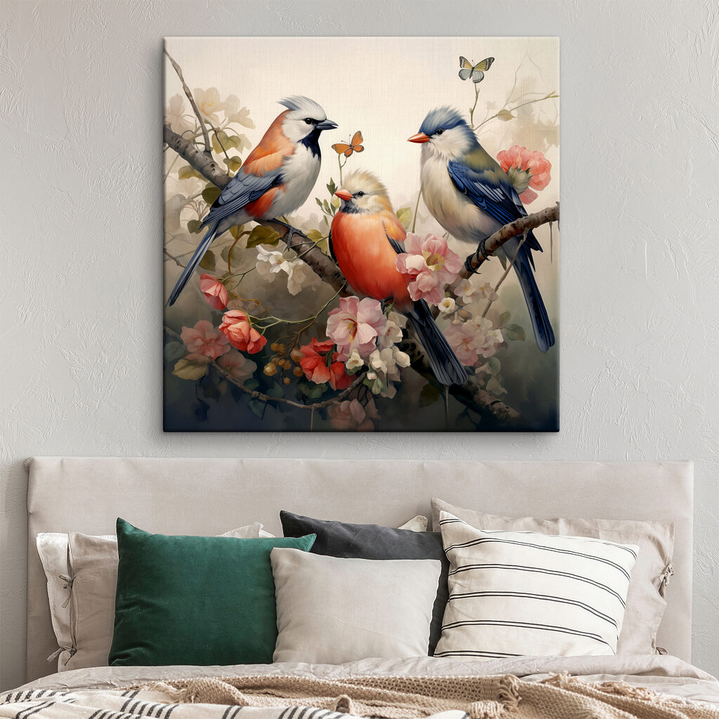 A group of birds on a branch with flowers