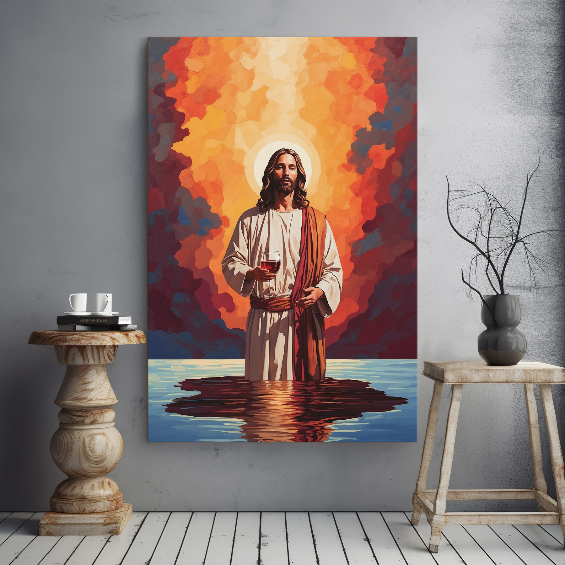 A painting of a man holding a glass of wine