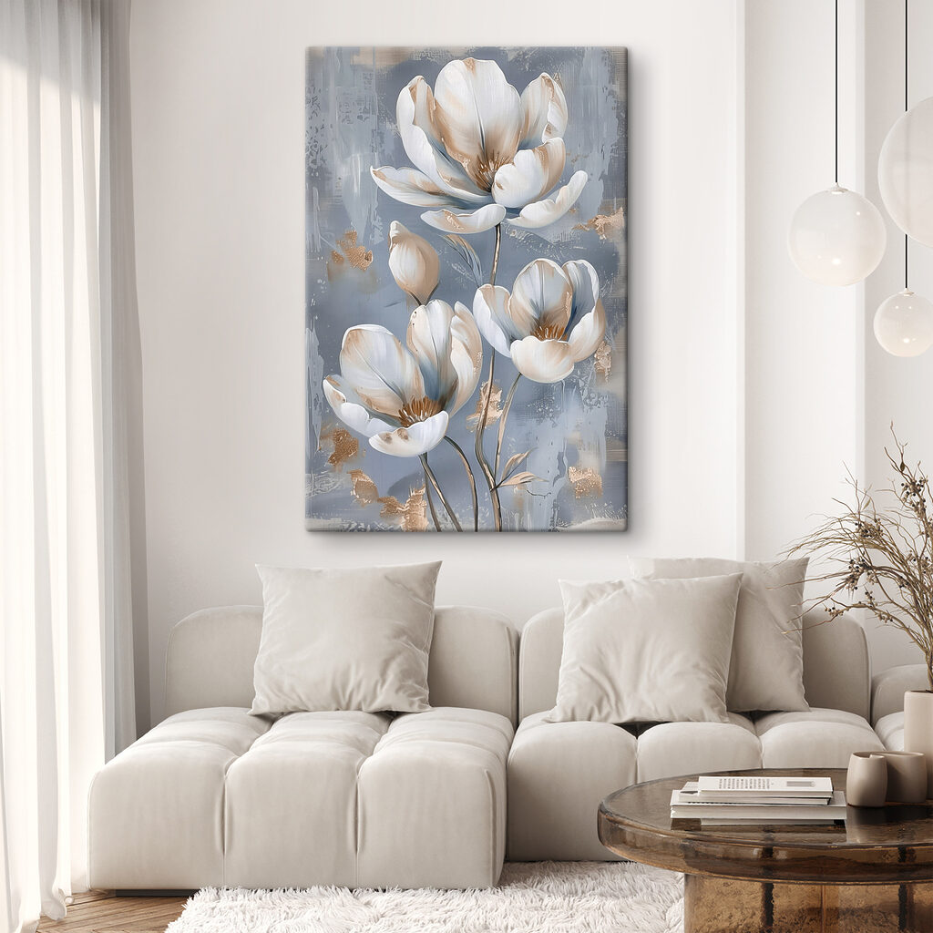 A painting of flowers on a blue background