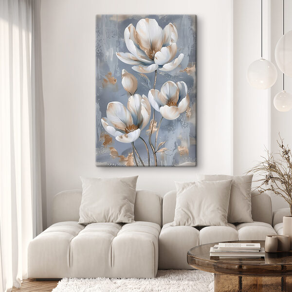 A painting of flowers on a blue background